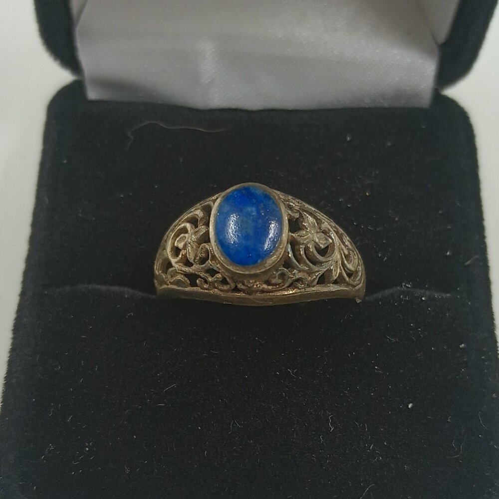 Vintage Sterling Silver Lapis Lazuli Filigree Ring.